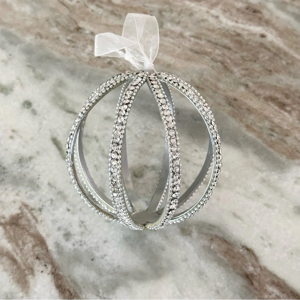 Large Silver Christmas Ornament- Rhinestone Beaded Sparkly Jewel Holiday Decor